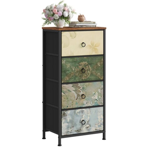WOLTU 4 Drawer Chest of Drawers Bedroom Storage Furniture, Rustic Brown and Black with Retro Flower Pattern