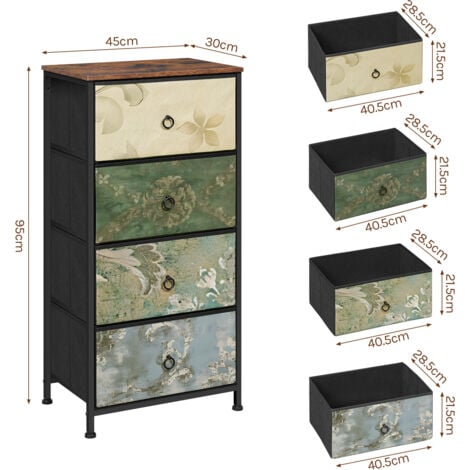 WOLTU 4 Drawer Chest of Drawers Bedroom Storage Furniture, Rustic Brown and Black with Retro Flower Pattern