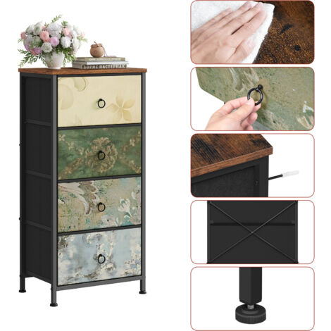 WOLTU 4 Drawer Chest of Drawers Bedroom Storage Furniture, Rustic Brown and Black with Retro Flower Pattern
