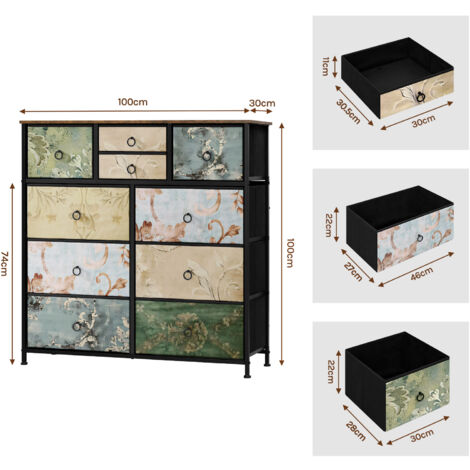 WOLTU 10 Drawer Chest of Drawers Bedroom Storage Furniture, Rustic Brown+Black+Retro Flower Pattern