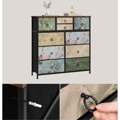 WOLTU 10 Drawer Chest of Drawers Bedroom Storage Furniture, Rustic Brown+Black+Retro Flower Pattern