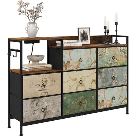WOLTU 8 Drawer Chest of Drawers Bedroom Storage Furniture with Charging Station, Rustic Brown+Black+Retro Flower Pattern