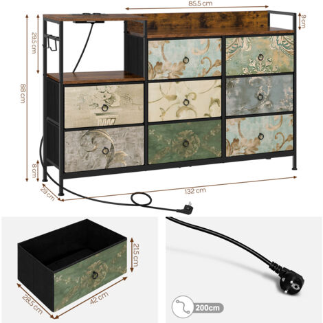 WOLTU 8 Drawer Chest of Drawers Bedroom Storage Furniture with Charging Station, Rustic Brown+Black+Retro Flower Pattern