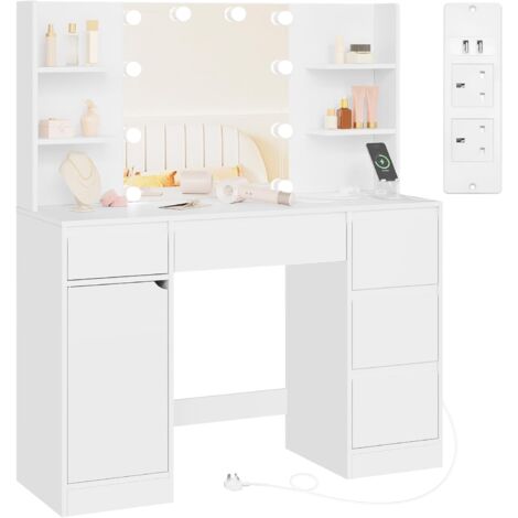 WOLTU Dressing Table with LED Lights, Makeup Desk with Drawer and Open shelves White