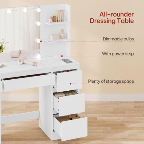 WOLTU Dressing Table with LED Lights, Makeup Desk with Drawer and Open shelves White