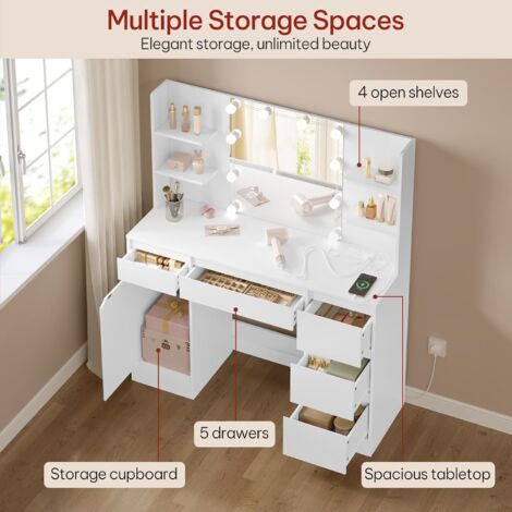 WOLTU Dressing Table with LED Lights, Makeup Desk with Drawer and Open shelves White