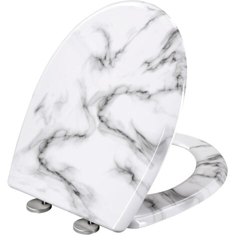 WOLTU Modern O Shape Toilet Seat Soft Closing Silent Quick Release Top Mounting Set for Easy Assembly, White Marble Pattern