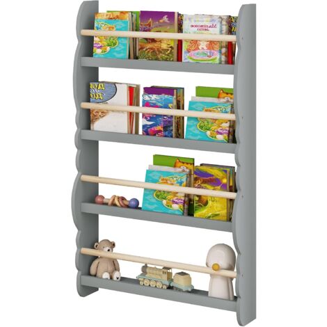 WOLTU Wall White Wood 4 Tiers Kids Storage Shelving Bookcase Rack Grey