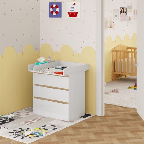 WOLTU Baby Changing Table with 3 Drawers, white+oak