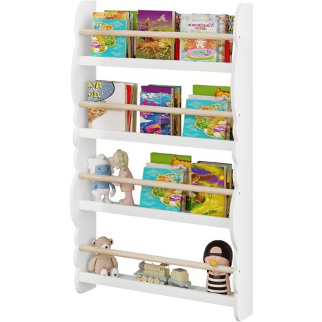 WOLTU Wall White Wood 4 Tiers Kids Storage Shelving Bookcase Rack White