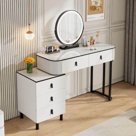 WOLTU Dressing Table with 5 Drawers, 3-Colour Dimmable, White+Black