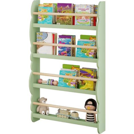 WOLTU Wall White Wood 4 Tiers Kids Storage Shelving Bookcase Rack Green