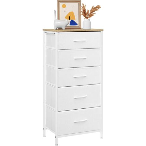 WOLTU Modern 5 Fabric Drawer Chest of Drawers Cloud White + Beige Oak