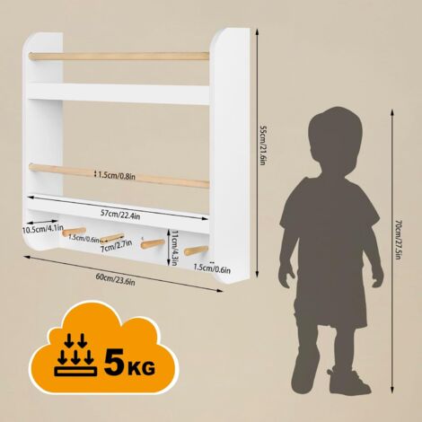WOLTU Kids Bookshelf Bookcase Toy Organiser Storage With 4 Hooks, White