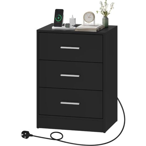 WOLTU 1x Simple 3-Drawer Nightstand Side Table with Charging Station for Living Room/Bedroom,Black