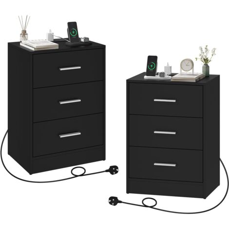 WOLTU 2x Simple 3-Drawer Nightstand Side Table with Charging Station for Living Room/Bedroom,Black