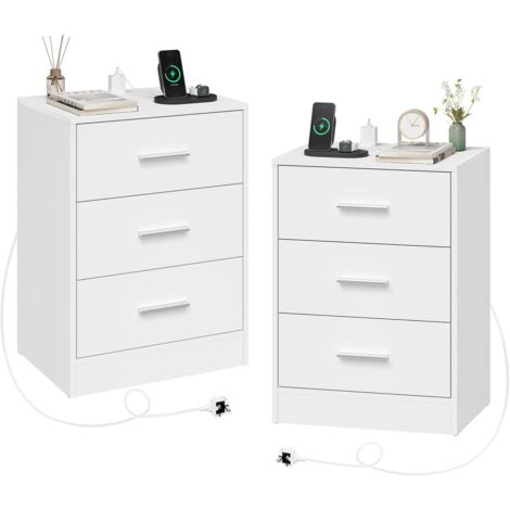 WOLTU 2x Simple 3-Drawer Nightstand Side Table with Charging Station for Living Room/Bedroom,White