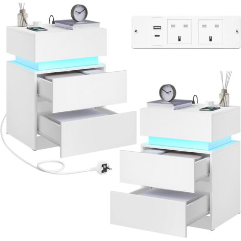 WOLTU 2x Front Bedside Table 3 Drawers Nightstand with 25 Light Colors, Chest of 3 Drawer Cabinet for Bedroom Living Room or Office