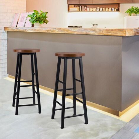 WOLTU 2 x bar stools Retro Breakfast Kitchen Bar High chairs MDF Seat Metal Legs Dark Beech
