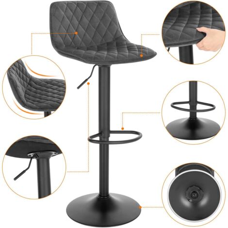 WOLTU 2 x bar stools Breakfast Kitchen Velvet barstools Swivel Gas Lift chairs Dark Grey