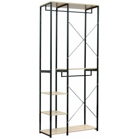 WOLTU Extra Large Clothes Rail Coat Stand Rack Storage Shoe Rack Shelves Black Black + Light Oak