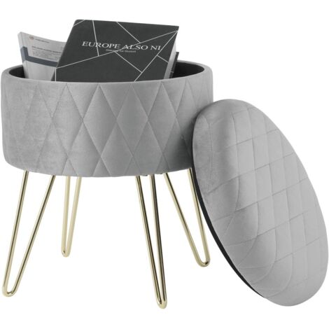 WOLTU Round Velvet Ottoman Footrest stools Compact Vanity Seat W/ Storage And Lid Light Grey