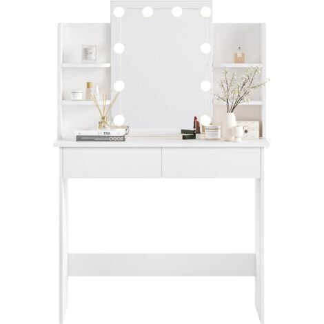 WOLTU Dressing Table with LED Lights. Vanity Table with Adjustable Brightness Mirror. Makeup Desk with 2 Drawers and Open shelves. Wooden Modern Bedroom Dresser. 90x40x135cm. White