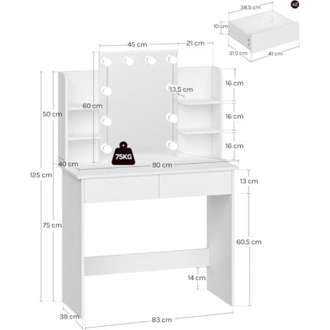 WOLTU Dressing Table with LED Lights. Vanity Table with Adjustable Brightness Mirror. Makeup Desk with 2 Drawers and Open shelves. Wooden Modern Bedroom Dresser. 90x40x135cm. White