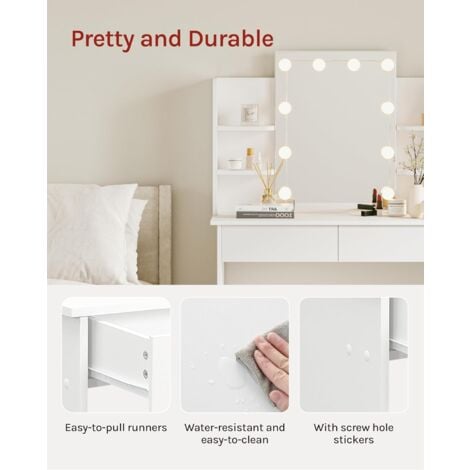 WOLTU Dressing Table with LED Lights. Vanity Table with Adjustable Brightness Mirror. Makeup Desk with 2 Drawers and Open shelves. Wooden Modern Bedroom Dresser. 90x40x135cm. White