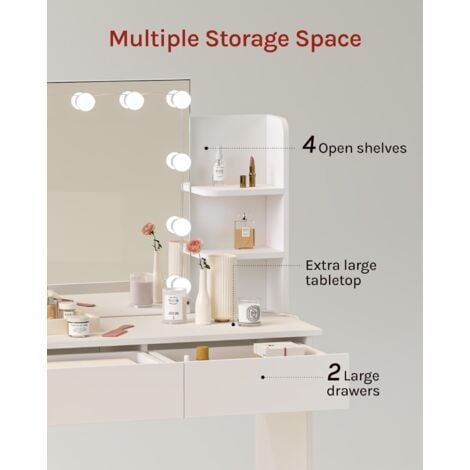 WOLTU Dressing Table with LED Lights. Vanity Table with Adjustable Brightness Mirror. Makeup Desk with 2 Drawers and Open shelves. Wooden Modern Bedroom Dresser. 90x40x135cm. White