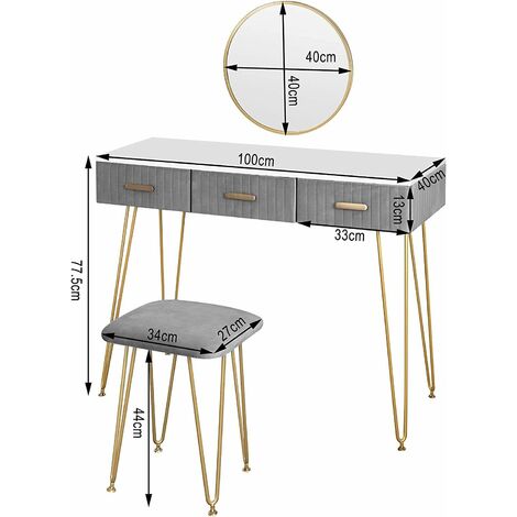 WOLTU Modern Dressing Table Makeup Desk Mirror 3 Drawer Stool Vanity Set Bedroom Grey