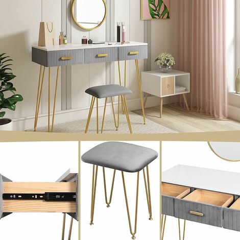 WOLTU Modern Dressing Table Makeup Desk Mirror 3 Drawer Stool Vanity Set Bedroom Grey