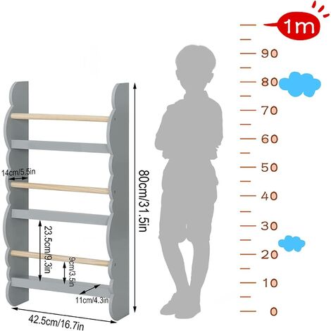 WOLTU Children bookcases Kids Display Bookshelf Storage Unit Shelving Wooden Rack Grey