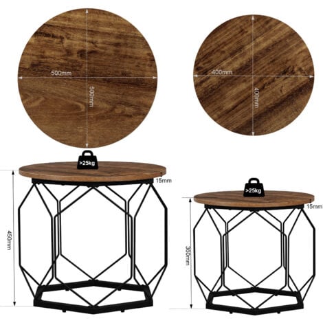 WOLTU Set of 2 Coffee Tables with Round Table Top. Sofa Table with Hollow Metal Frame. Living Room Table with Storage Space. Made of Wood Material Metal. Wood Look Vintage + Black