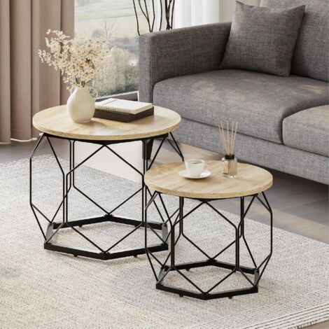 WOLTU Set of 2 Coffee Tables with Round Table Top. Sofa Table with Hollow Metal Frame. Living Room Table with Storage Space. Made of Wood Material Metal. Wood Look Light Oak + Black