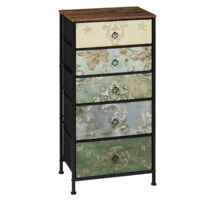 WOLTU 5 Drawer Chest of Drawers Bedroom Storage Furniture, Rustic Brown and Black with Retro Flower Pattern