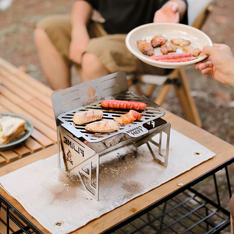 Barbecue portable pliant en acier inoxydable, gril à charbon de bois,  poignées amovibles, feu de joie, réchaud de camping, gril compact, extérieur