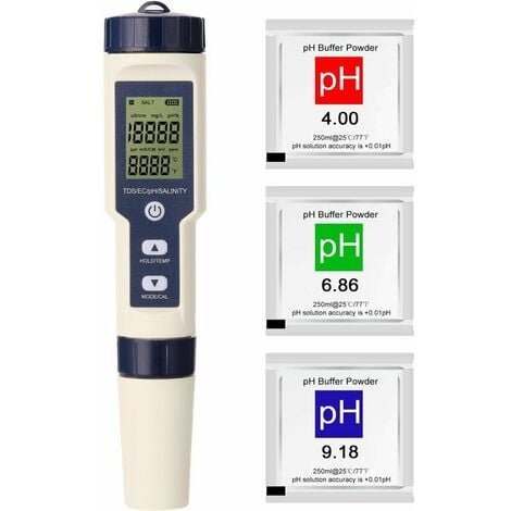 Testeur combiné multi-paramètres professionnel 5 en 1 PH/EC/TDS/salinité/thermomètre  Testeur multifonction numérique Testeur de qualité de l'eau
