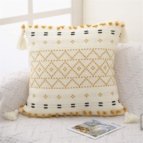 Housse de coussin de canapé : 45x45 Coton Linen Square Pillow Cover with  Tassels - Bohemian Decor Home