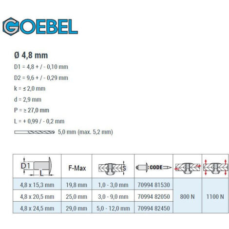 GOEBEL - 500 x Presslaschenblindnieten (Leichtbau) Aluminium (Ø x L) 4,8 x  15,3 mm mit