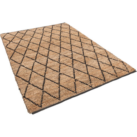 Naturfaser Teppich Handgefertigt Jute Salsa Beige Schwarz Rauten - 160x230  cm