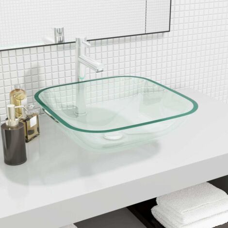 Vasque à poser - Lavabo Lave-mains - Évier Verre 42x42x14 cm Transparent Chic-175831 (1/5)