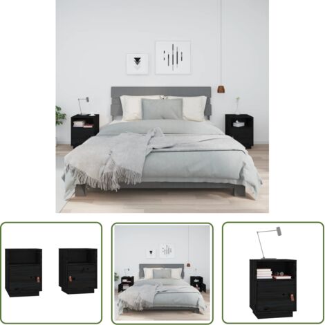 The Living Store Tables de chevet 2 pcs Noir 40x34x55 cm Bois de pin massif - Table De Chevet - Meuble De Chambre - Commode - Nuit - Bois Massif (1/5)