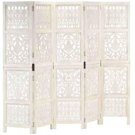 Cloison de séparation 5 panneaux - Paravent Séparation de pièces - Brise Vue Blanc 200x165 cm Bois manguier Chic-581842 (1/5)