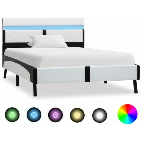 Lit adulte pour 1 personnes, Structure de lit, Assemblage Facile, avec LED Blanc et noir Similicuir 90 x 200 cm OIB8833E (1/5)