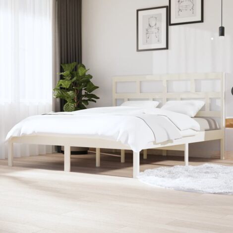 Cadre De Lit Moderne: Queen Size - Lit Double - Blanc Bois de pin massif 160x200 cm Chic-205031 (1/5)