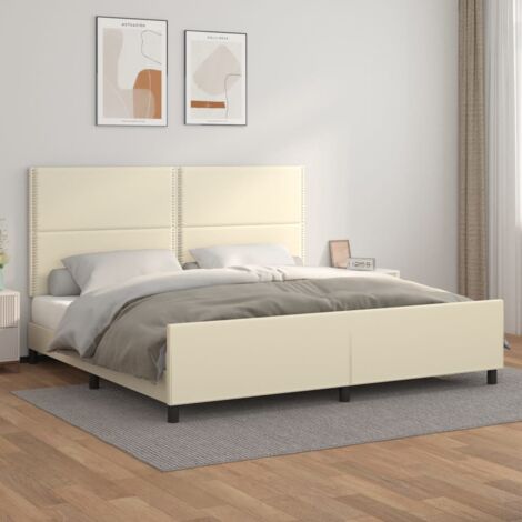 Lit adulte pour 2 personnes avec tête de lit, Structure de lit, Assemblage Facile, Crème 200x200 cm Similicuir OIB5685E (1/5)