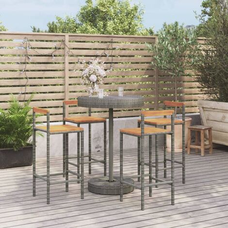 Ensemble Table de bar + 4 Chaises de bar de jardin - Table Haute avec 4 Tabourets gris poly rotin/bois massif acacia BV354065 - BonneVie (1/5)