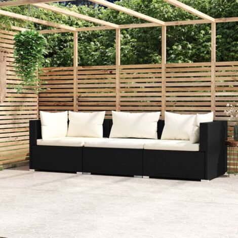 Canapé droit fixe 3 places Contemporain - Sofa Divan Banquette - avec coussins Noir Résine tressée Chic-747866 (1/5)