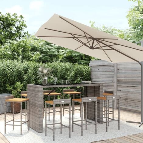 Ensemble Table de bar + 8 Chaises de bar de jardin - Table Haute avec 8 Tabourets gris poly rotin/bois massif acacia BV371307 - BonneVie (1/5)